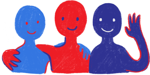 An childlike illustration of a group of three people embracing each other and waving at the viewer.
